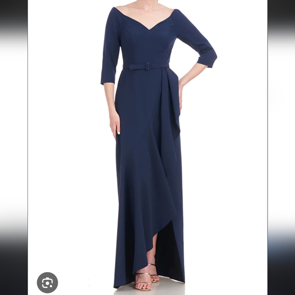 Kay Unger Isolde Column Gown Full Length Shoulder Navy Belted